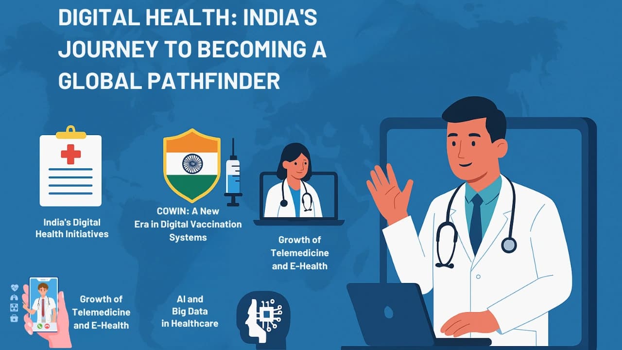 Infographic showing India's digital health ecosystem including Ayushman Bharat ID and telemedicine networks