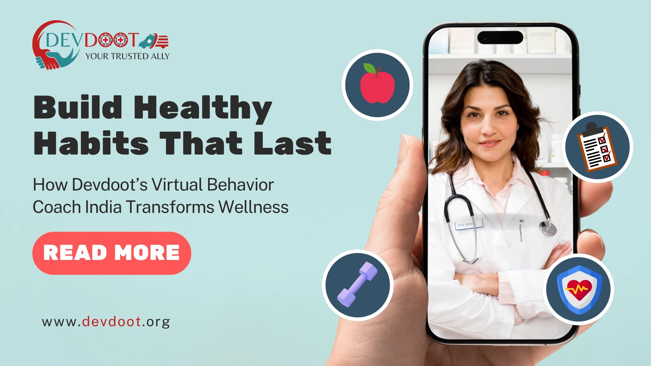 Devdoot app interface showing daily habit tracking and personalized message from a virtual behavior coach