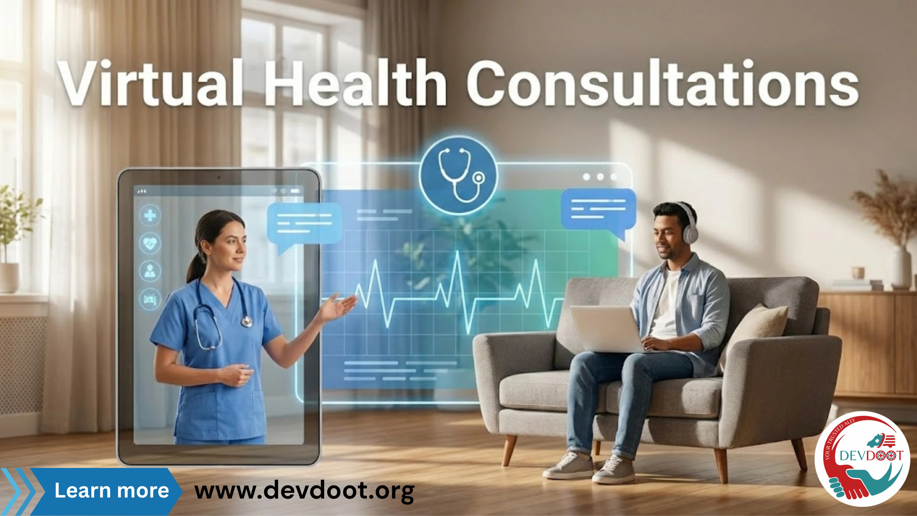 Patient having a virtual health consultation with a doctor via laptop for online prescription