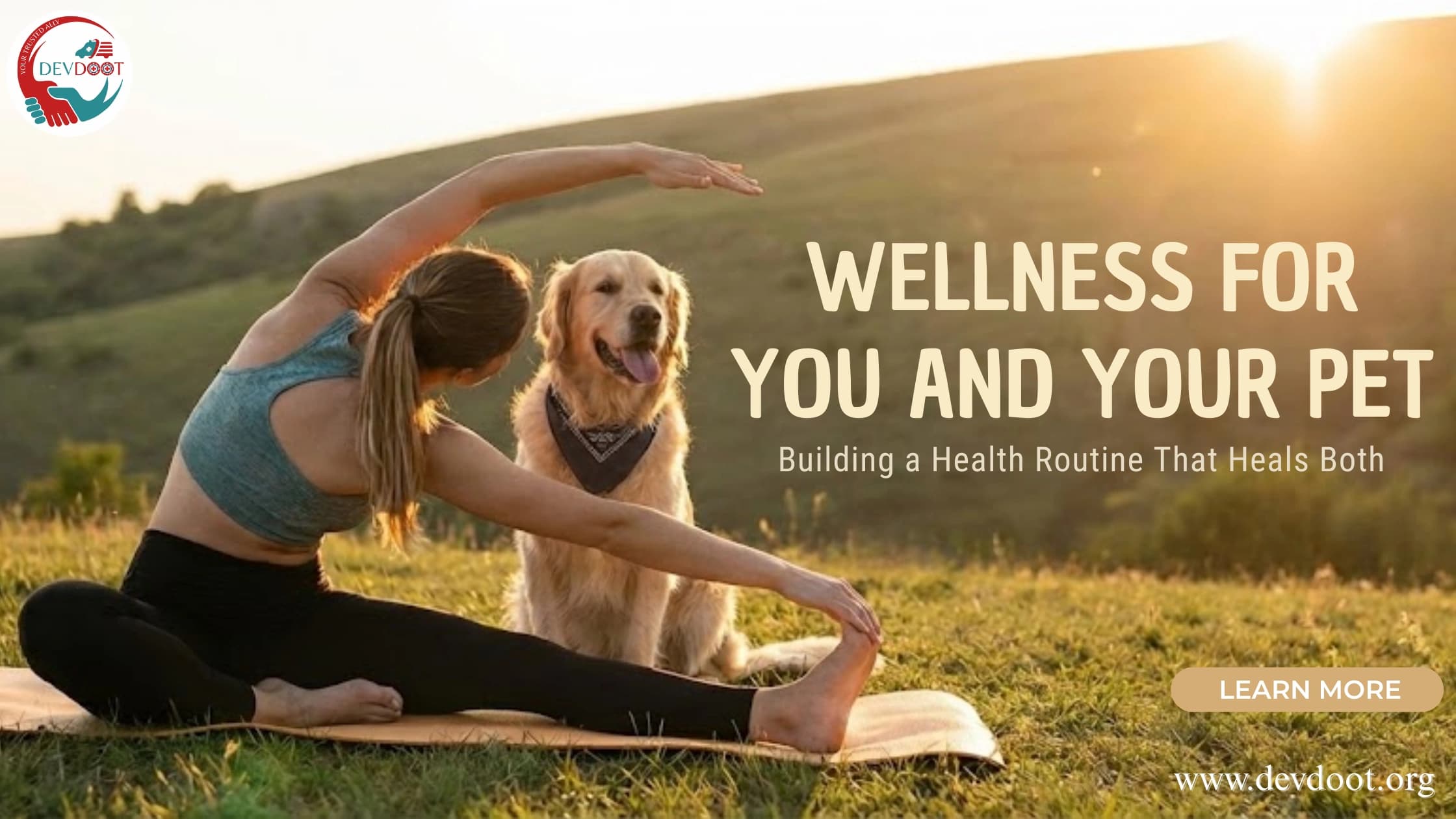 Woman doing yoga on a mat while her dog stretches beside her, illustrating shared wellness