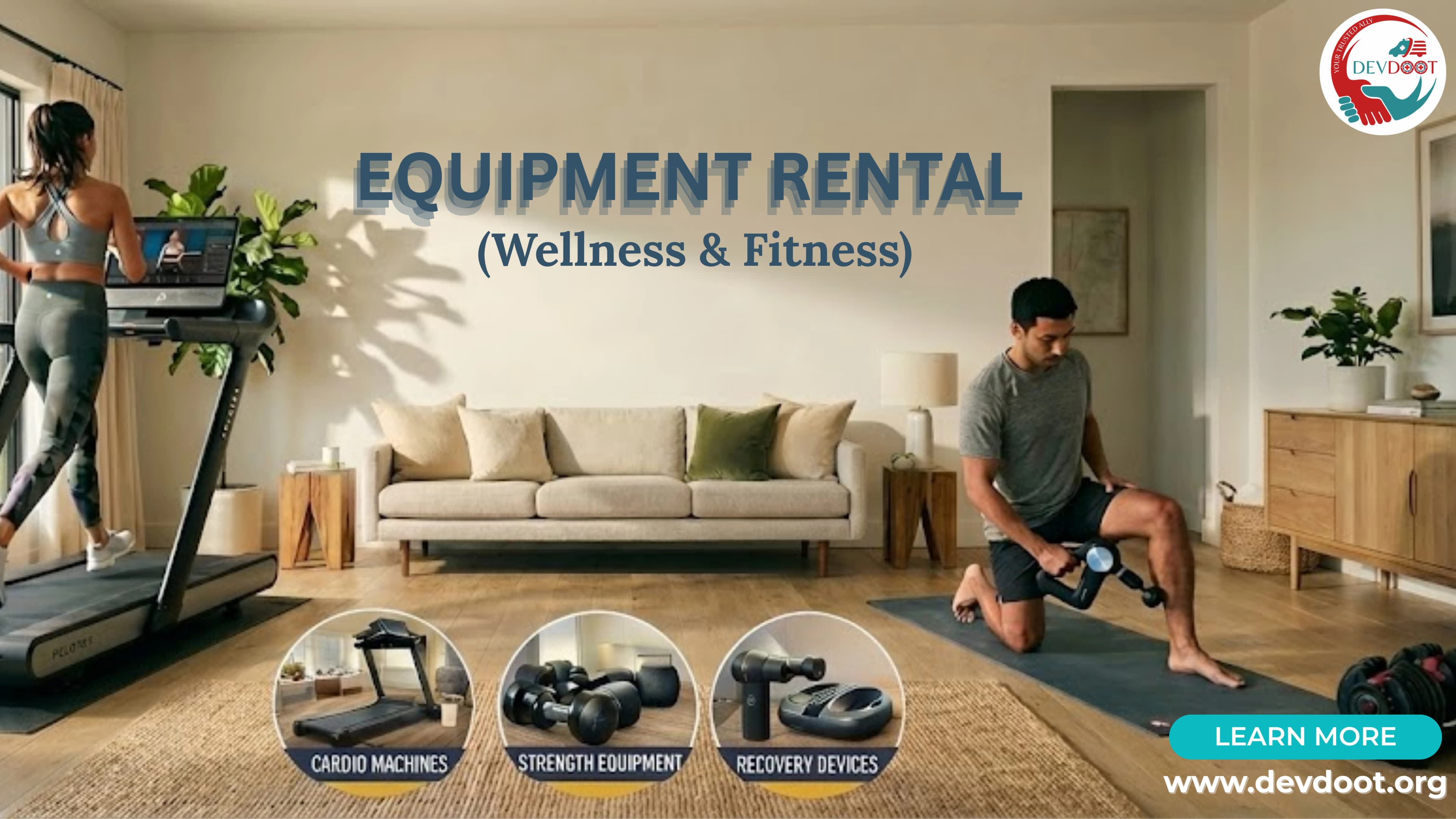 Woman using a rented treadmill at home for cardio workout